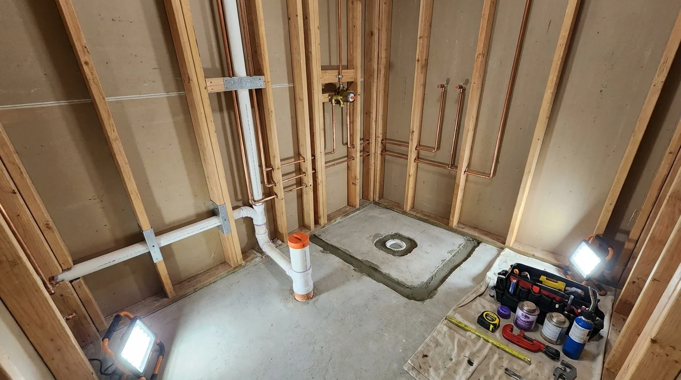 Bathroom rough-in plumbing during remodel by Johns Plumbing LLC in Clintonville