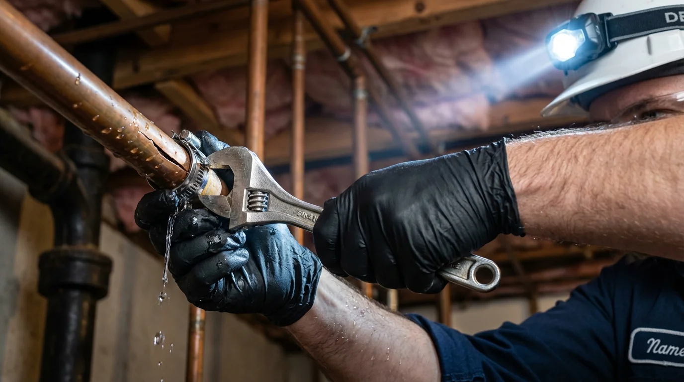 Emergency pipe clamp repair being performed by a Johns Plumbing LLC plumber in Clintonville