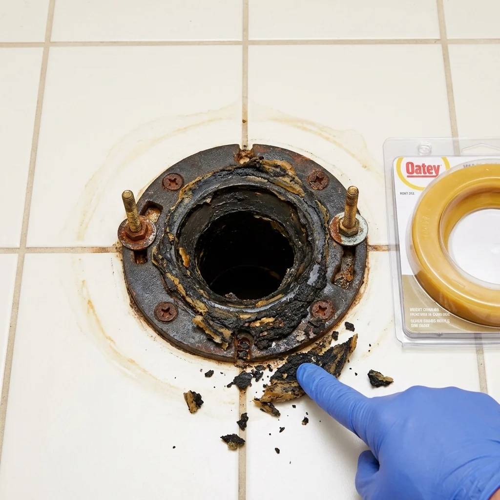 Failed wax ring showing water seepage at the base of a toilet in a Clintonville, WI home