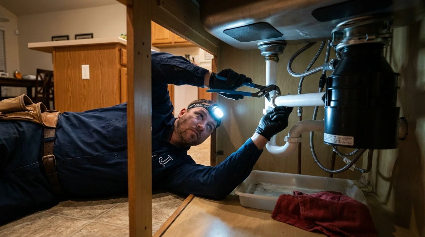 P-trap and supply line connections under a kitchen sink showing a common leak point in Clintonville, WI